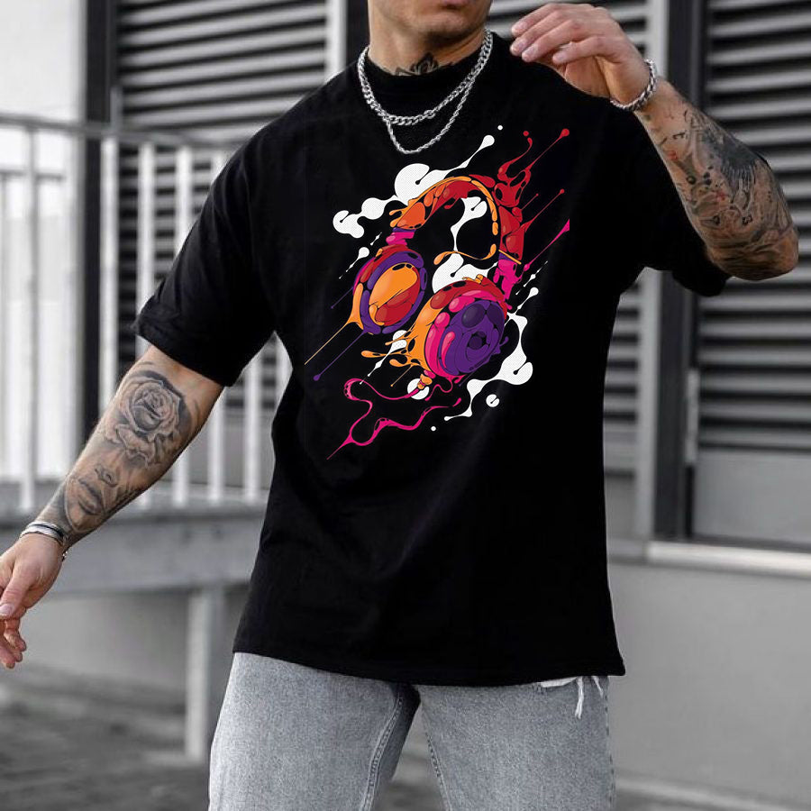 Graffiti Headphones Music Graphic Print Casual Men s T Shirt