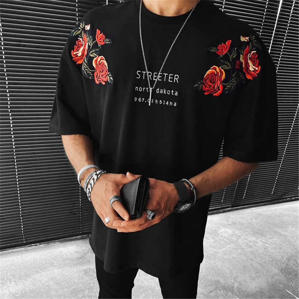 Men Black Floral Print Letter Short Sleeve T-Shirt – Nova Fashion Shop