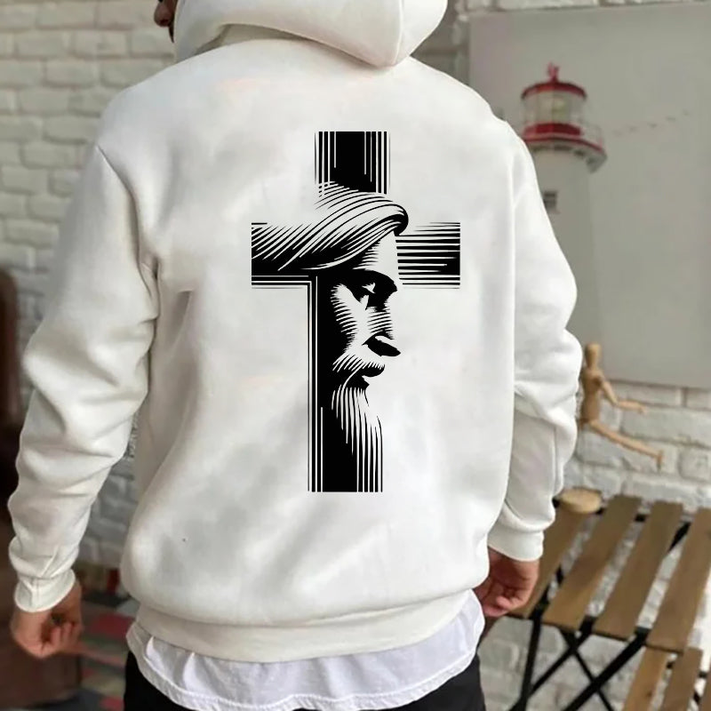 Men's Jesus and Cross Print Fleeced Hoodie