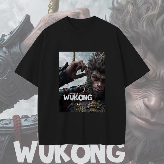 Men's Wukong Print Black Cotton T-shirt