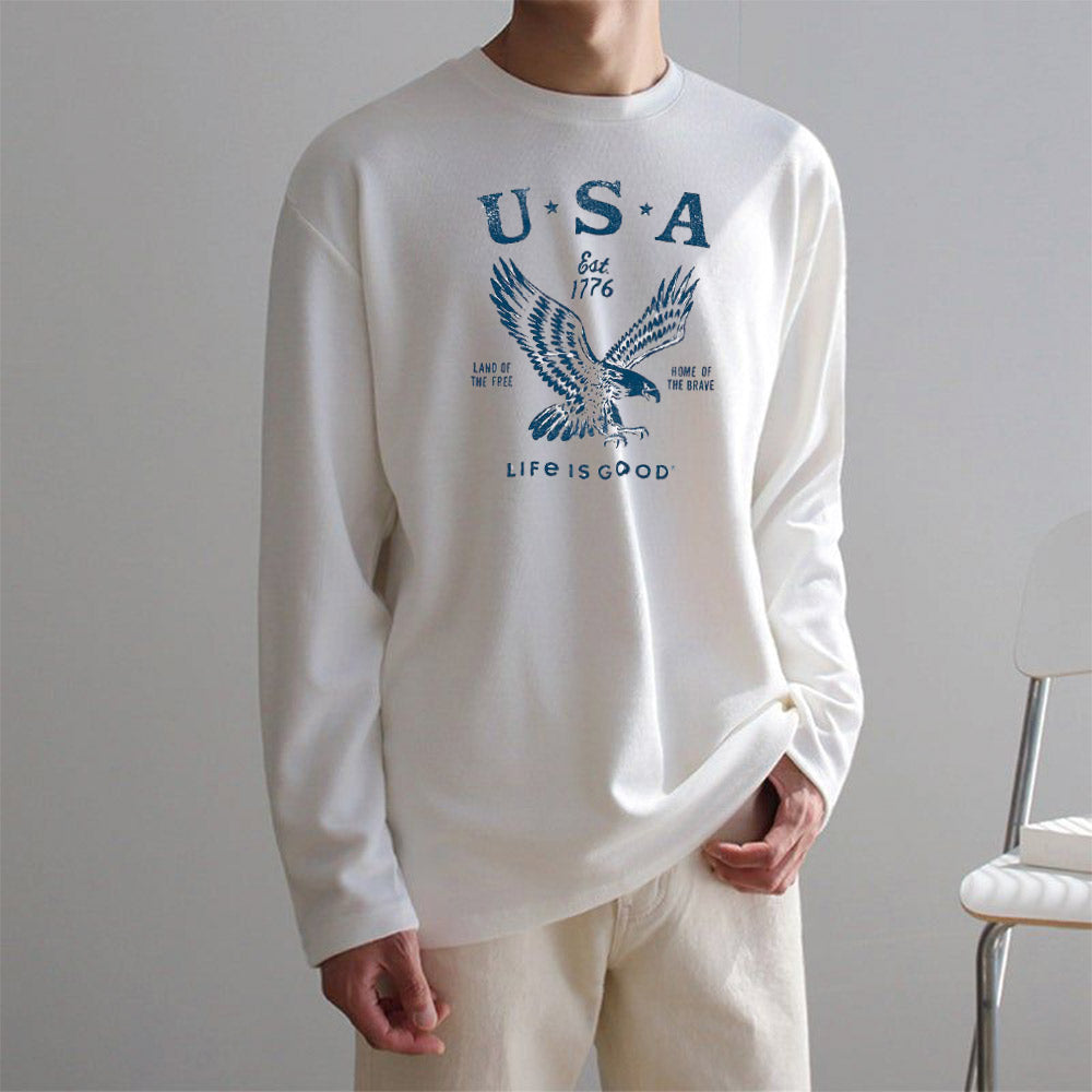 USA Eagle Print Men's Loose Long Sleeve T-Shirts-B