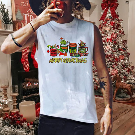 Men's Merry Grinchmas Coffee Print Cotton Tank Top