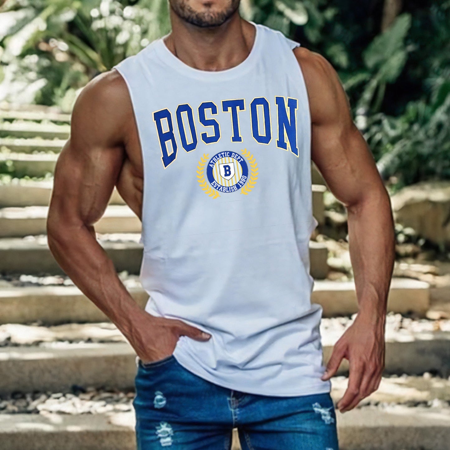 BOSTON Graphic Print Men's Crew Neck Casual Tank Top