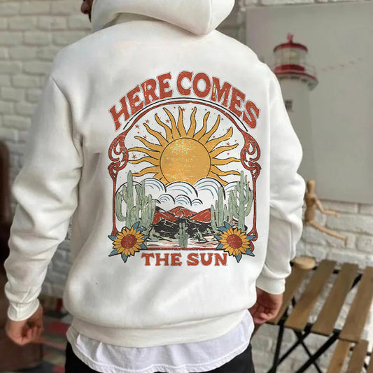 Tropical Desert Cactus and Sun Print Men's Fleeced Hoodie