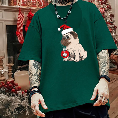 Christmas Pug Dog Cotton T-shirt