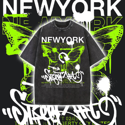 New York Butterfly Print Men's Washed Black Color Tee