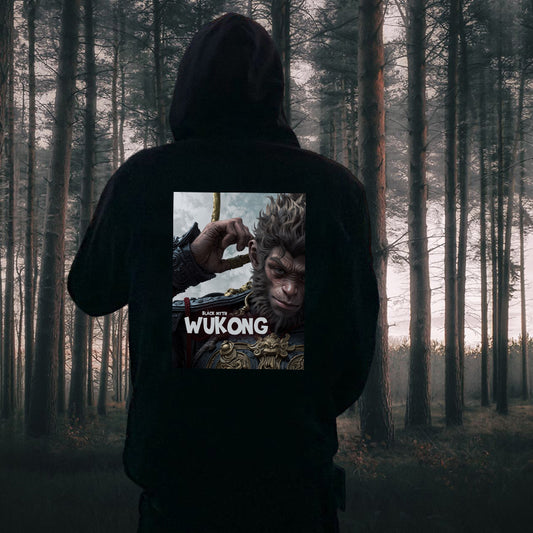 Men's Wukong Games Print Black Fleeced Hoodie