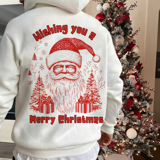 Men's Christmas Santa Print White Fleeced Hoodie