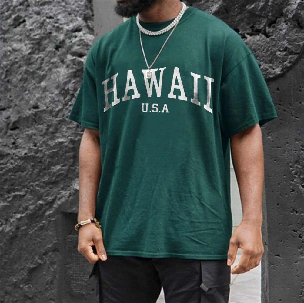 Men HAWAII Print Crew Neck Short Sleeve T-Shirt