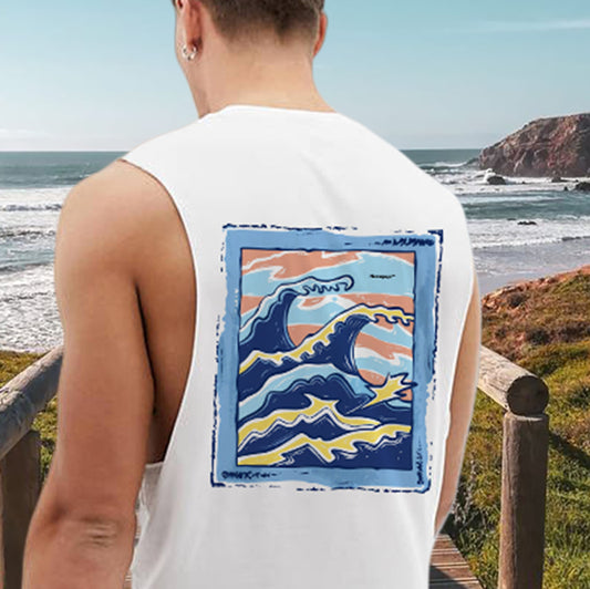 Ocean Wave Print Men's Casual Tank-B