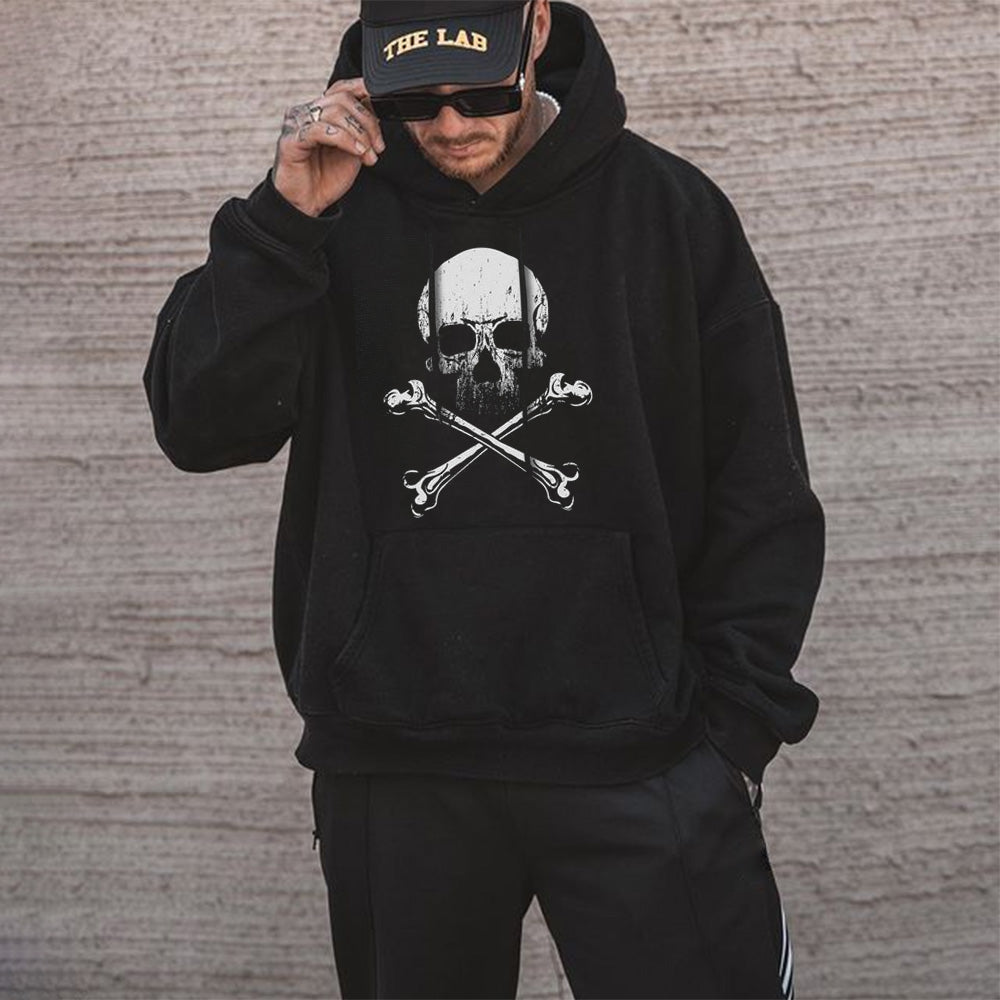 Clearance-Skull Print Men's Fleece Hoodie-L