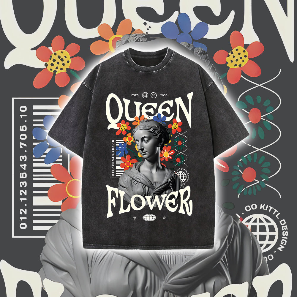 Queen Flower Men's Washed Black Color Tee