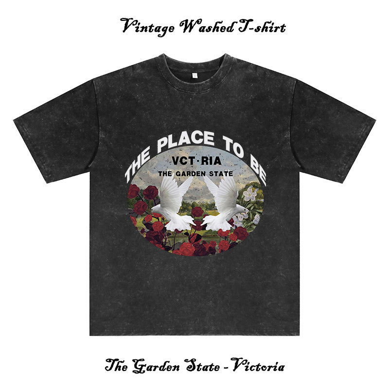 Peace Bird and Flores Victoria State Men's Washed Black Color Tee