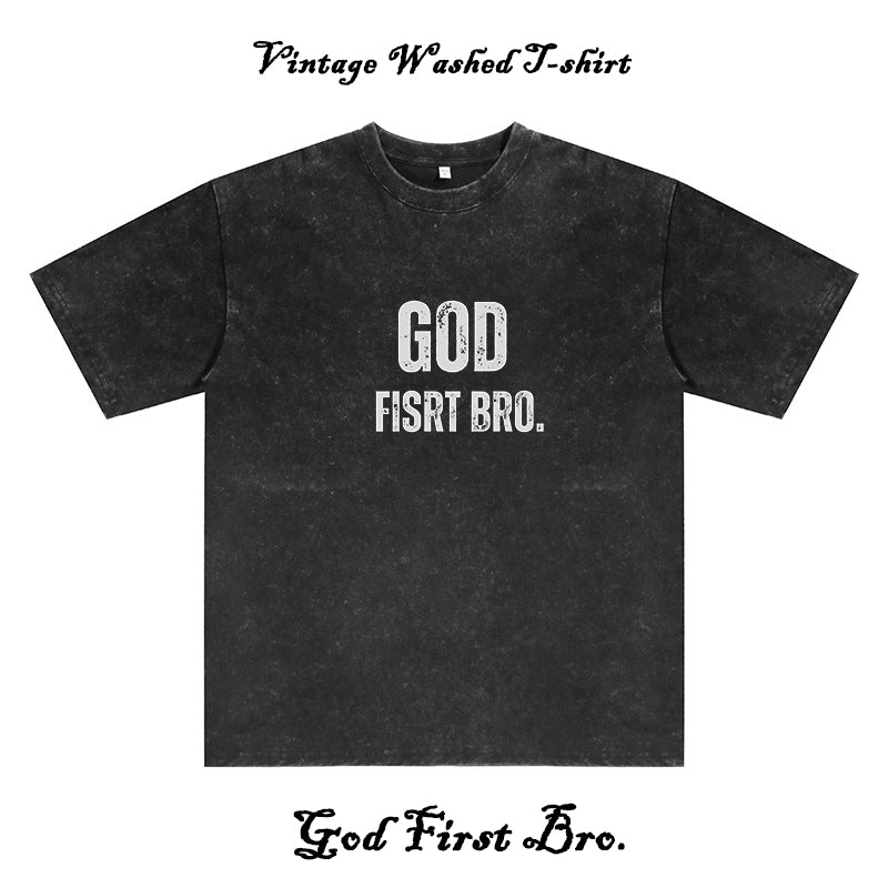 God First Bro. Men's Washed Black Cotton Tee