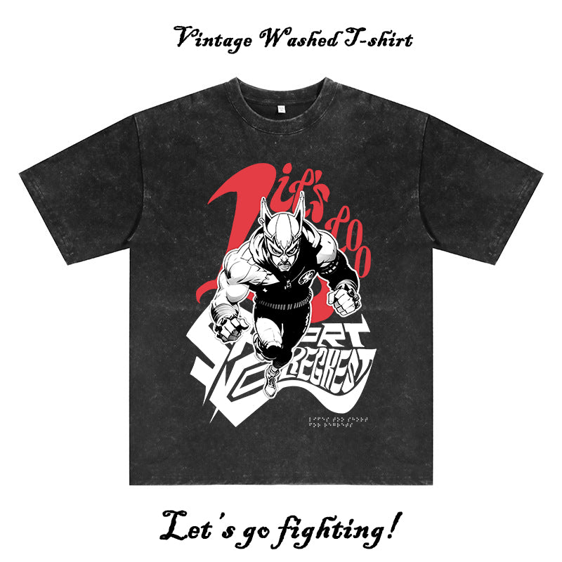 Fighting Man Print Men's Washed Black Cotton Tee