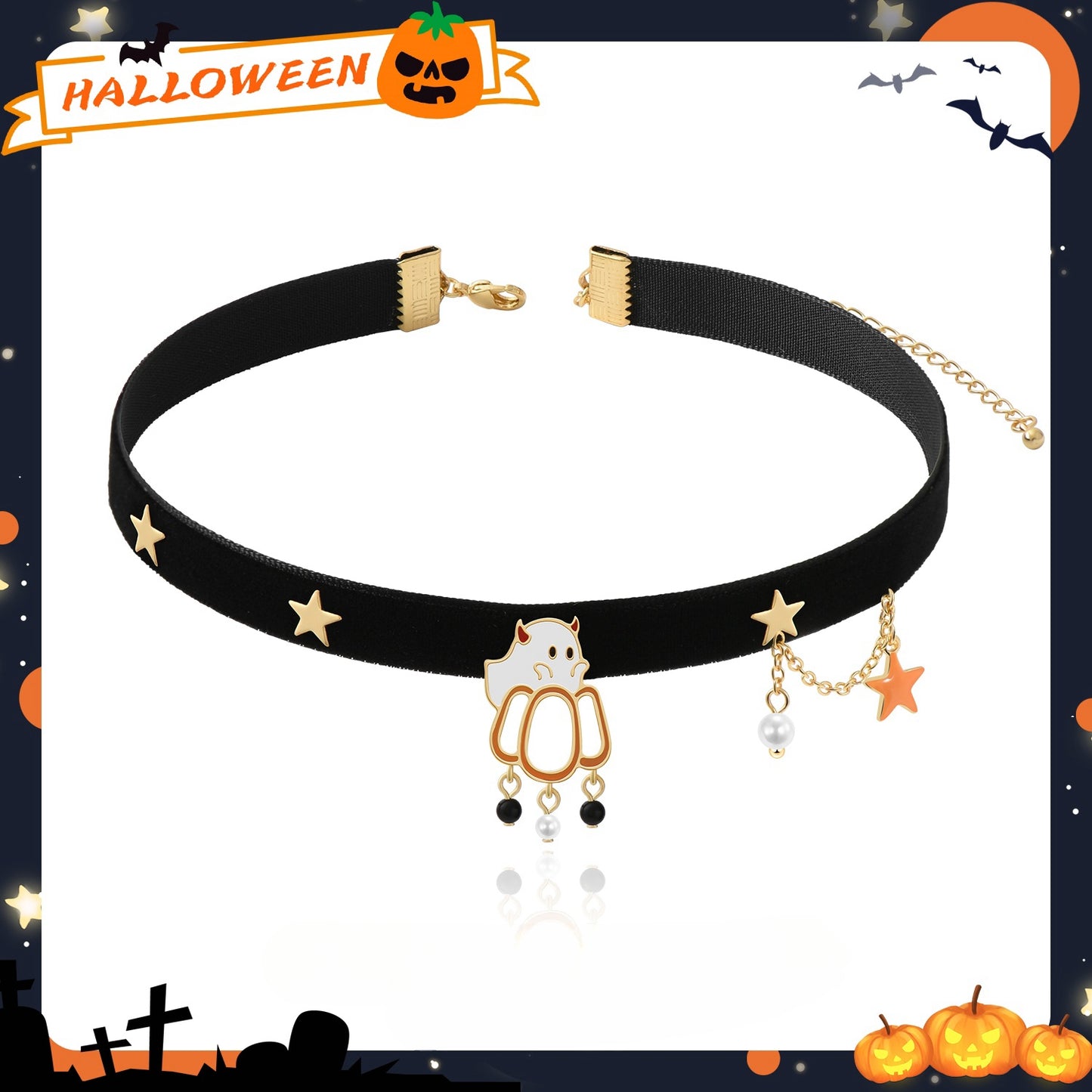 Spooky Season Ghost and Pumpkin Halloween Choker