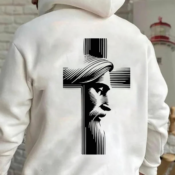 Men's Jesus and Cross Print Fleeced Hoodie