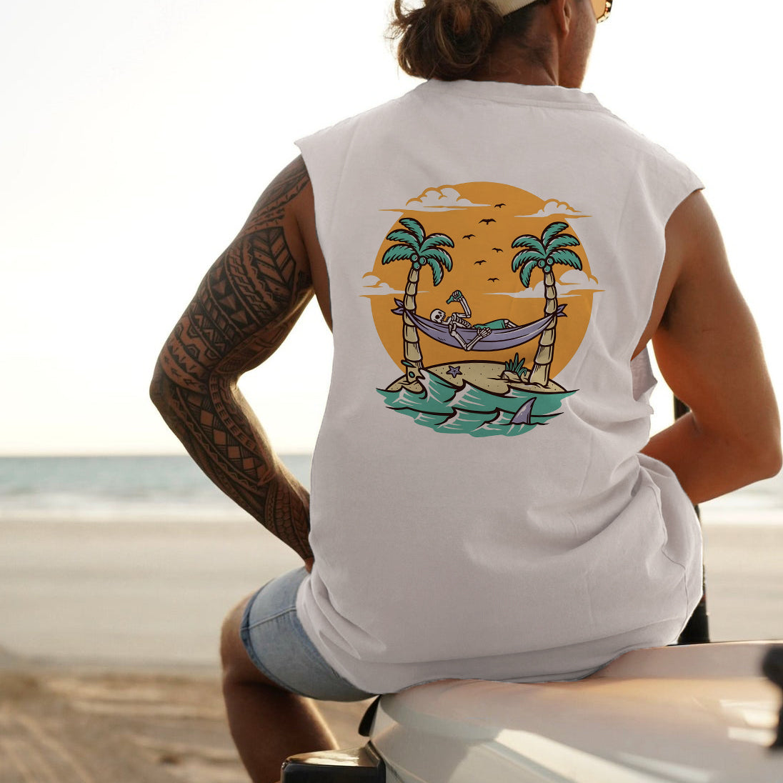 Skull On Vacation Print Men's Tank-B