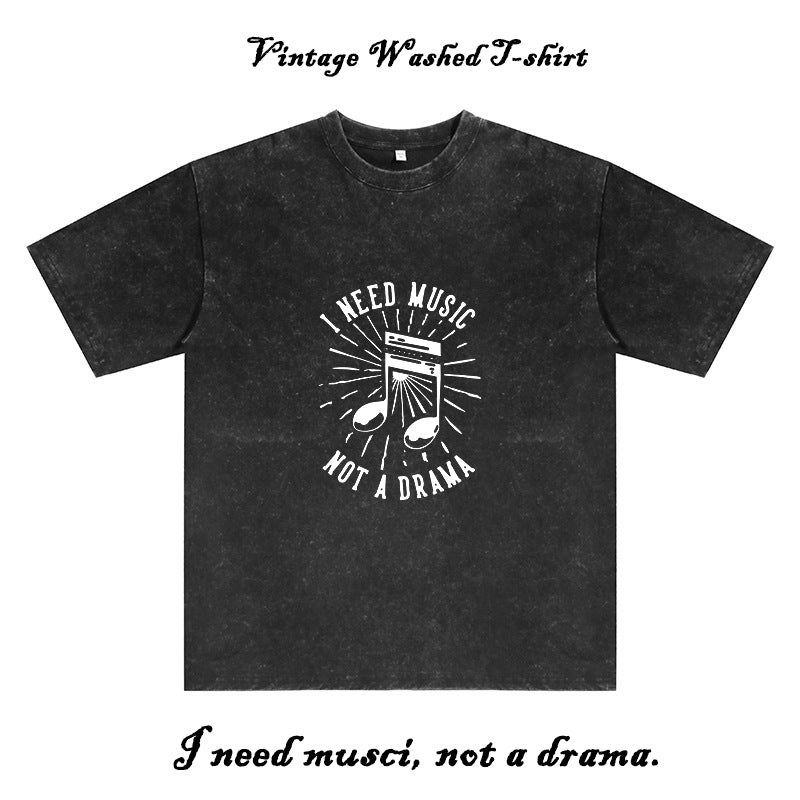 Musical Note Print Men's Washed Black Cotton Tee