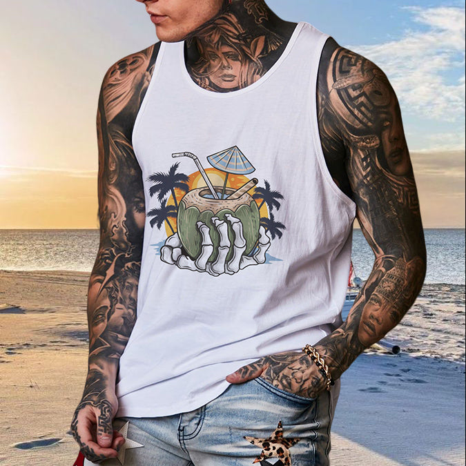 Tropical Vibes Men's Tank Tops with Skull Hand and Coconut Designs-A