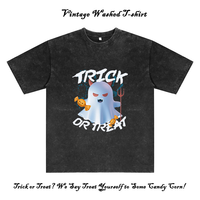 Trick or Treat Ghost Print Men's Washed Black Color Tee