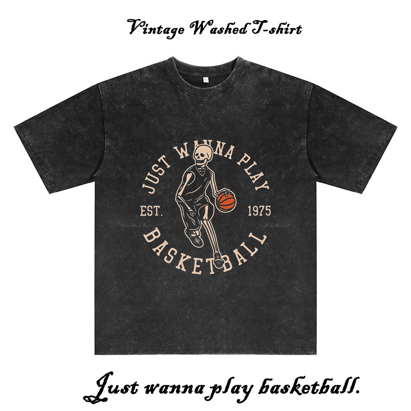 Skull's Love for Hoops Washed Black Color T-Shirt