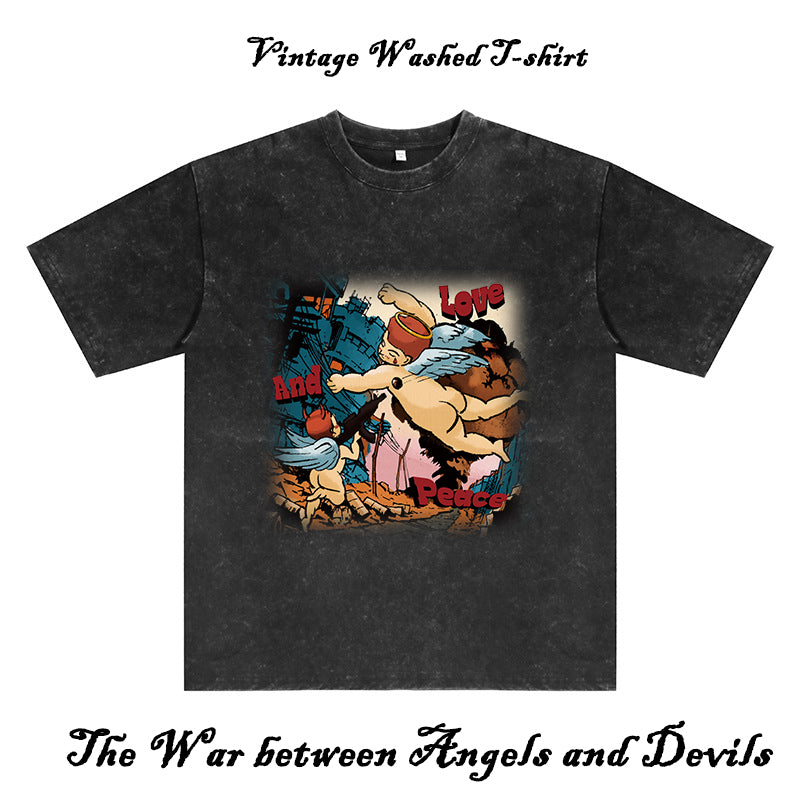 Angel and Devils Print Men's Washed Black Cotton Tee