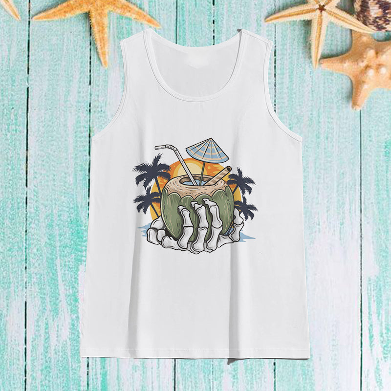 Tropical Vibes Men's Tank Tops with Skull Hand and Coconut Designs-A