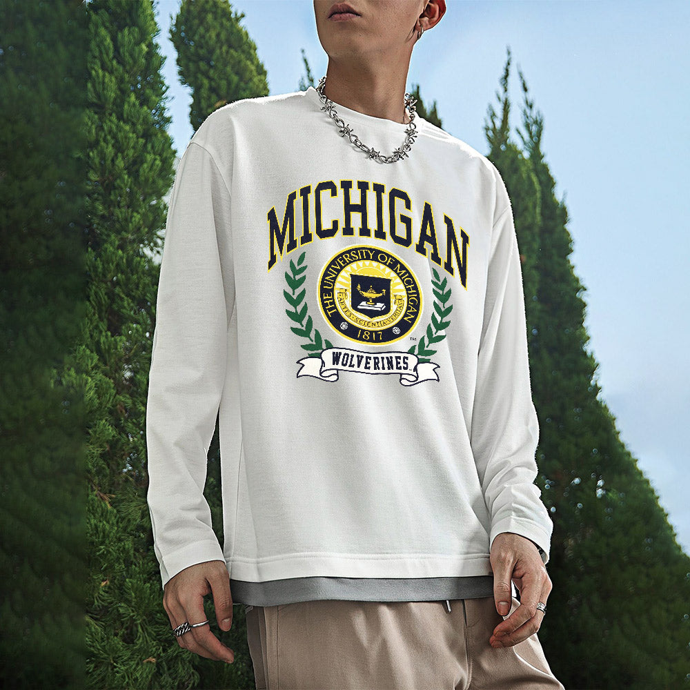 Michigan Print Men's Casual Long Sleeve T-Shirts-B