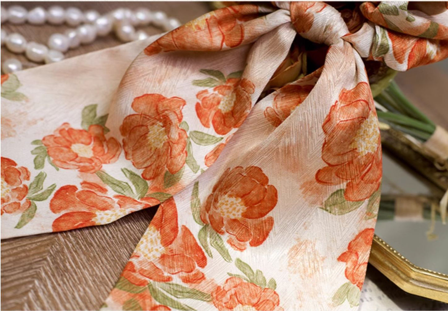 Orange Floral Print Satin Headband