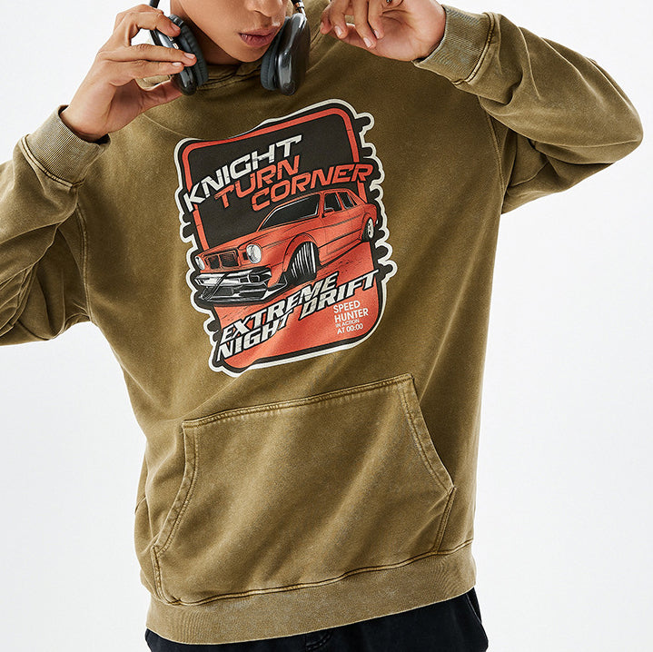 Heavyweight Stonewashed Distressed Hoodie with Car Print