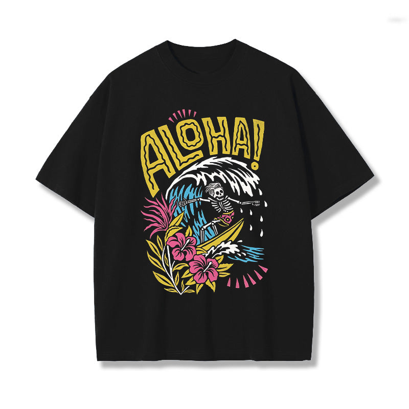 "Aloha" Skeleton Man Surfing Printed Men's T-shirt