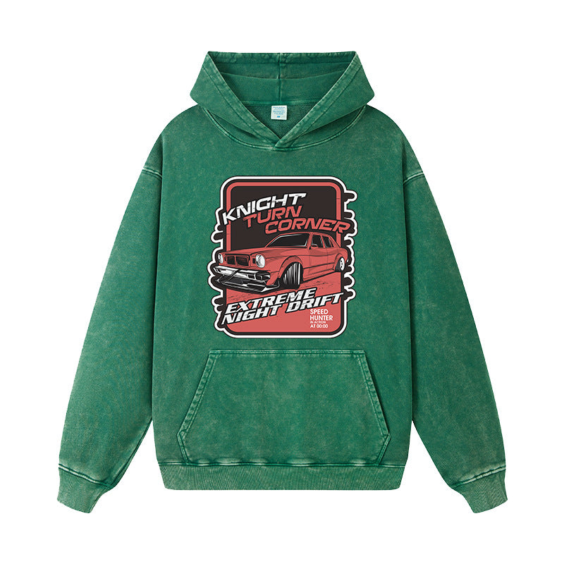 Heavyweight Stonewashed Distressed Hoodie with Car Print