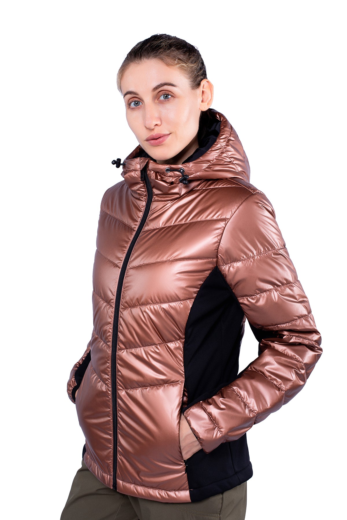 Freetrack Women Winter Light Coats Insulated Double Zipper Hooded Puffer Jacket