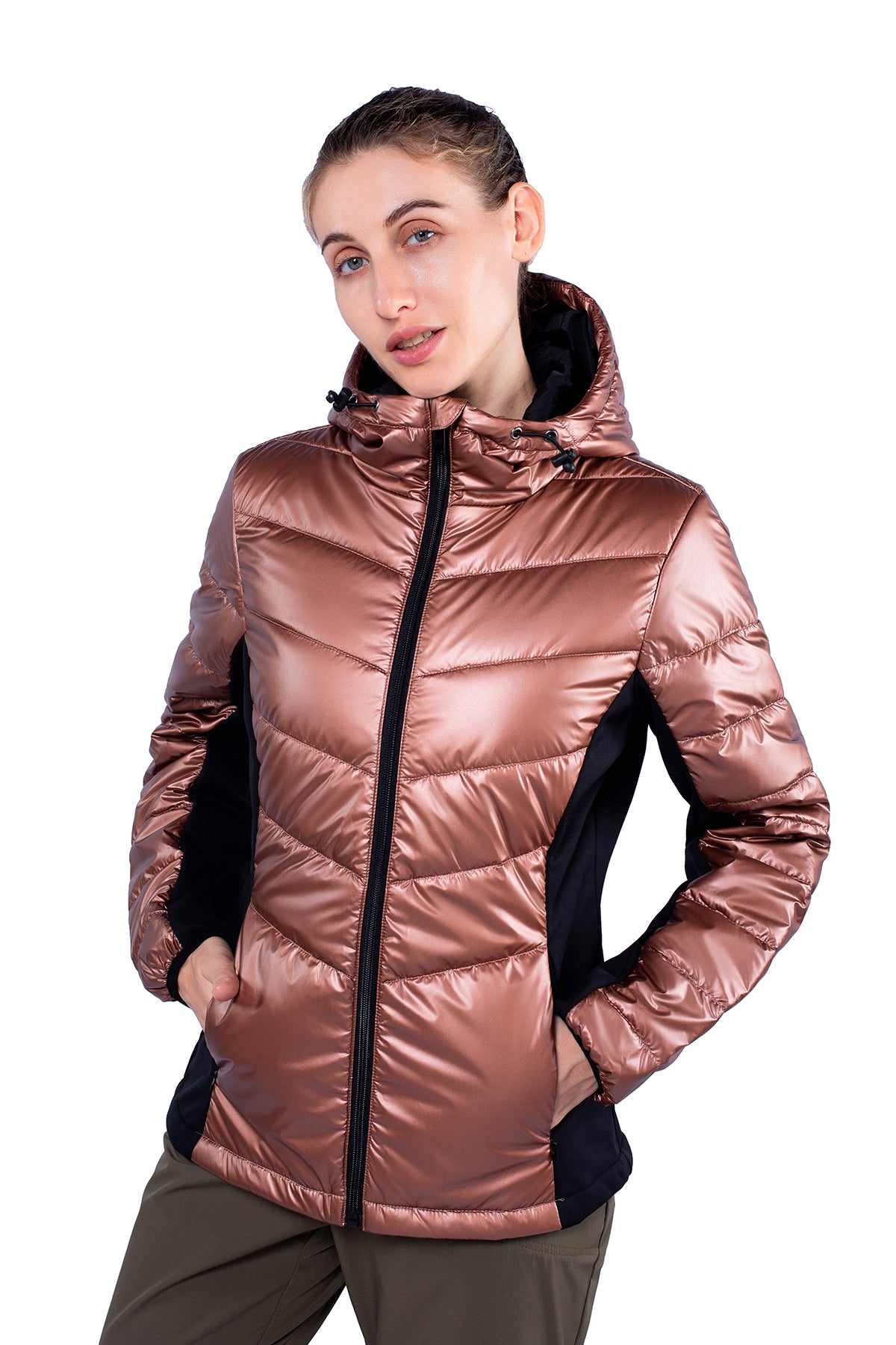 Freetrack Women Winter Light Coats Insulated Double Zipper Hooded Puffer Jacket