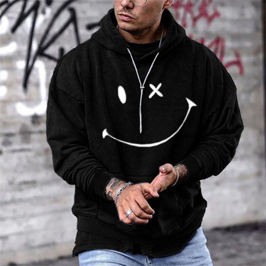 Smile Print Men's Fleece Hoodie Black 320g