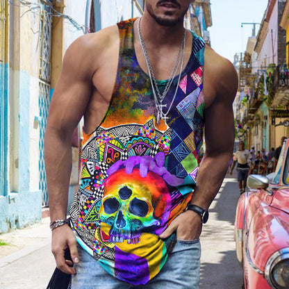 Street Trend Colorful Skull Print Casual Tank Top