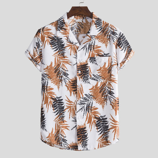 Cotton And Linen Printed Pocket Button-down Shirt