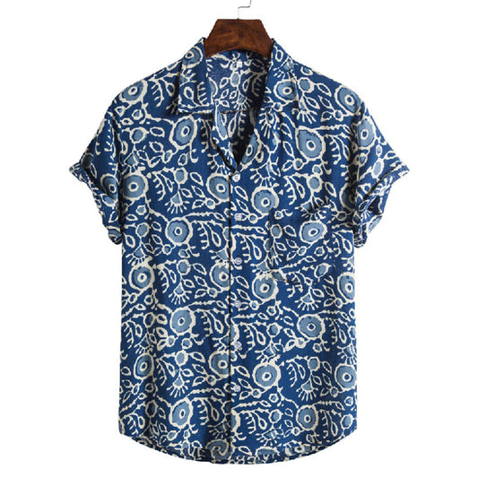 Cotton And Linen Printed Pocket Button-down Shirt