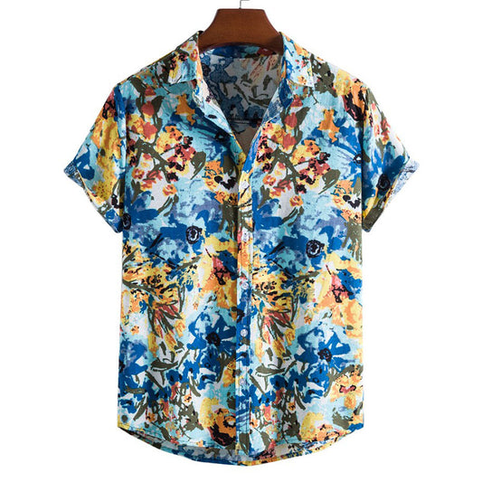 Cotton And Linen Printed Pocket Button-down Shirt