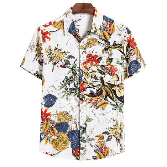 Cotton And Linen Printed Pocket Button-down Shirt