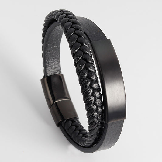 Men's Stainless Steel Woven Bracelet with Black Leather Cord and Leather