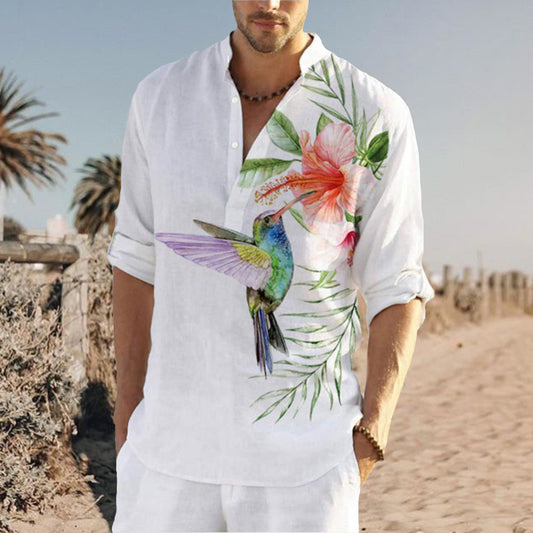 Men's Cotton Linen Bird Floral Graphic Print Loose Casual Shirt