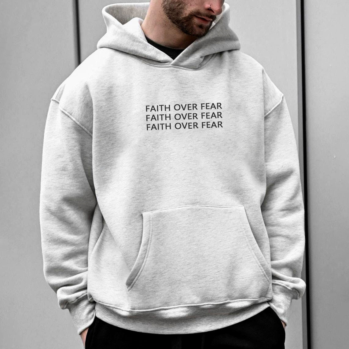 FAITH OVER FEAR Men's Loose Fit Kangaroo Pocket Hoodie