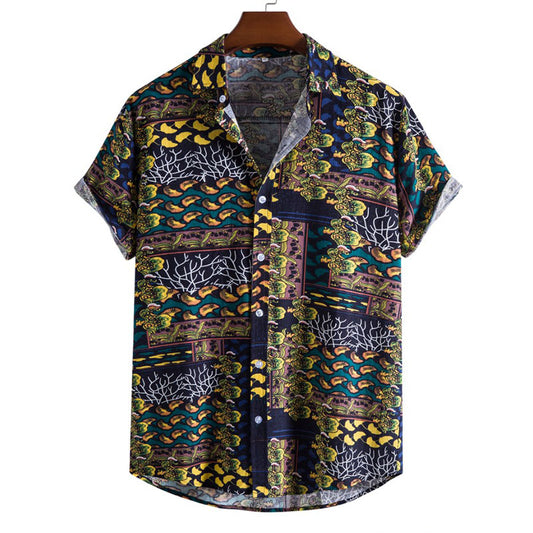 Cotton And Linen Printed Pocket Button-down Shirt