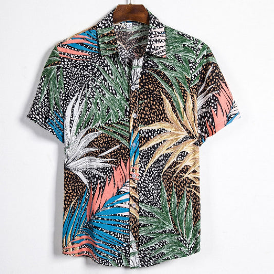 Cotton And Linen Printed Pocket Button-down Shirt