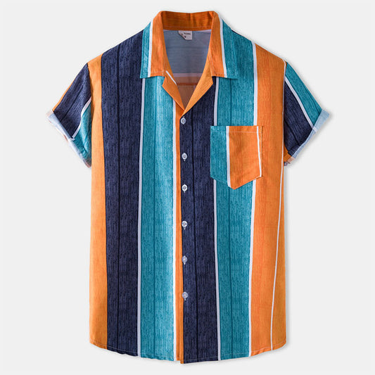 Cotton And Linen Printed Pocket Button-down Shirt