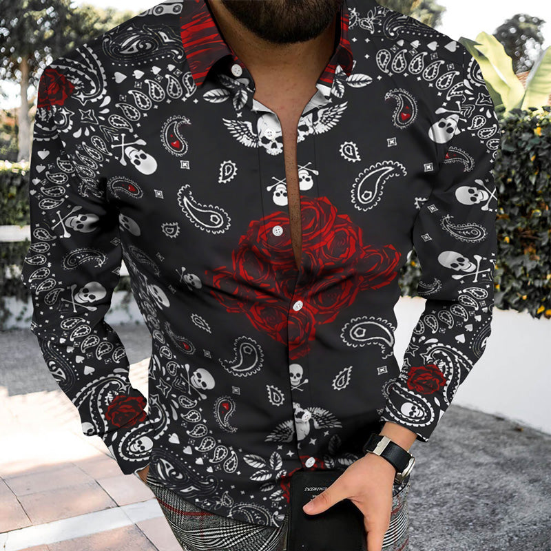 Personality Trend Skull Print Casual Beach Vacation Long Sleeve Shirt