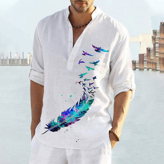 Men's Cotton Linen Feather Bird Graphic Print Loose Casual Shirt