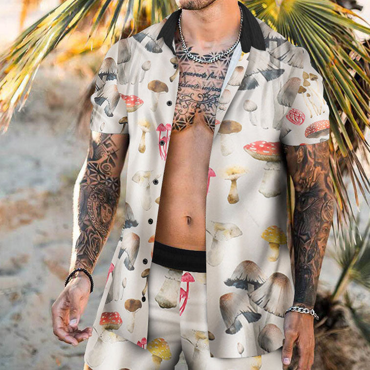 Mushroom Print Hawaii Vacation Casual Beach Suit